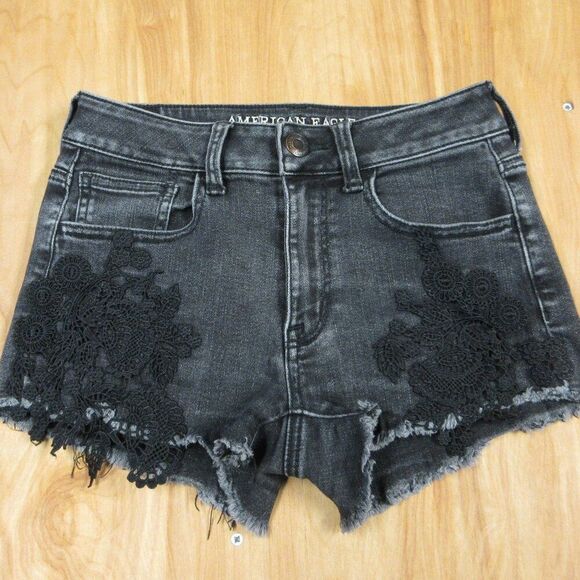AMERICAN EAGLE Hi-Rise Shortie Womens Size 0 Black Lace Ripped Denim Jean Shorts - Picture 1 of 14